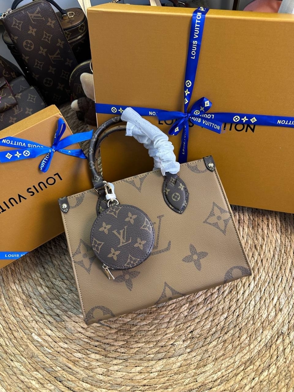 Louis Vuitton Beige Monogram Reversed OnTheGo Tote with Coin Pouch